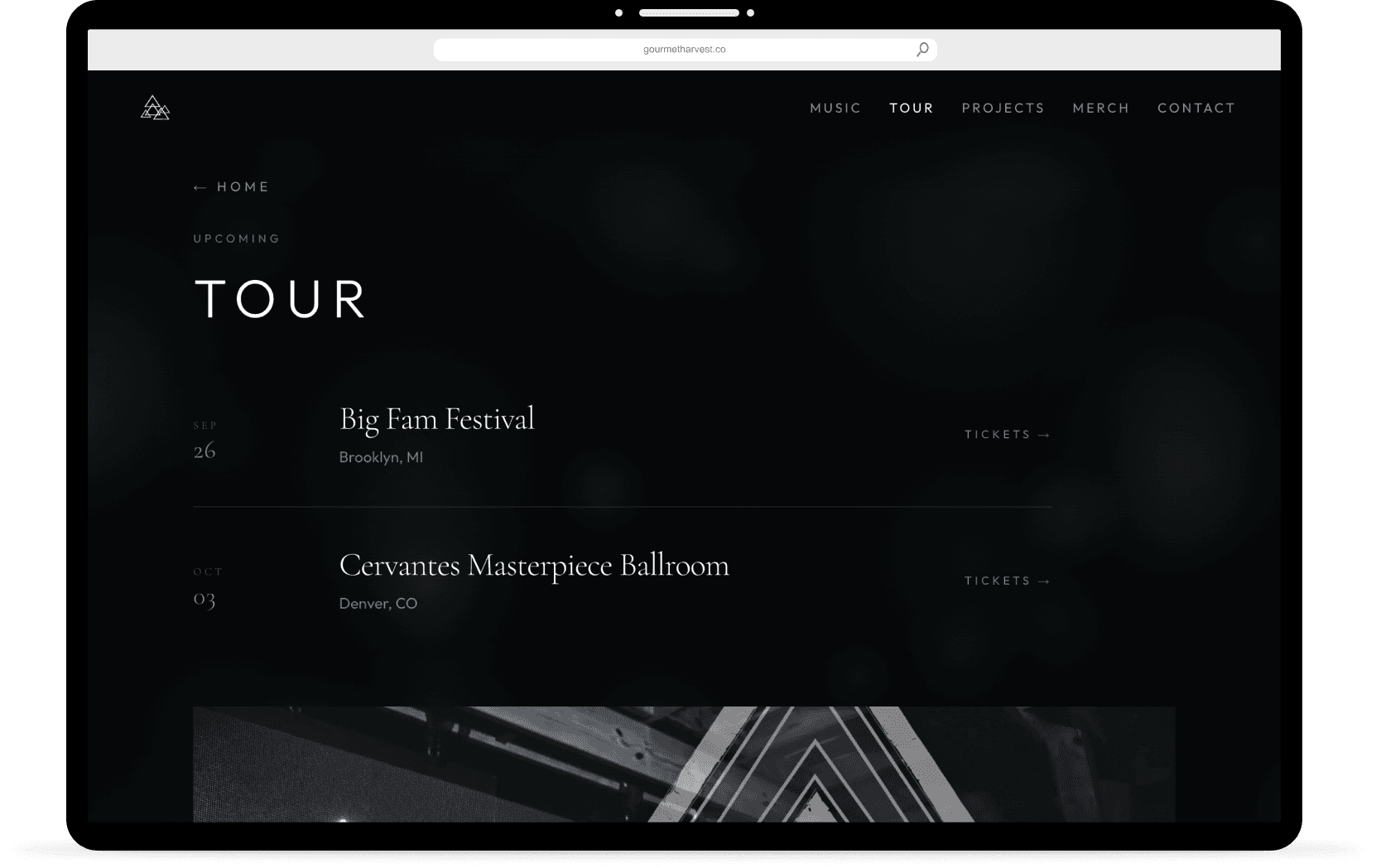 huck.jorris Tour page in a desktop browser, upcoming dates