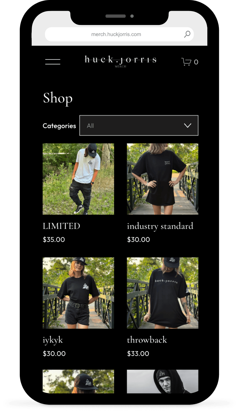 huck.jorris merch store on mobile, Shop with product grid