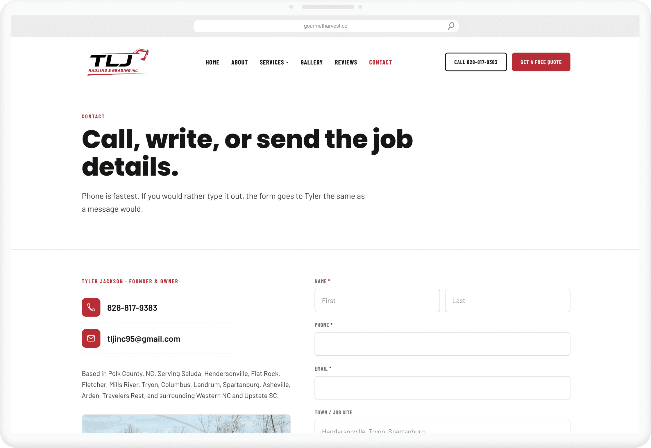 TLJ Hauling contact page on desktop, phone, email, and quote form